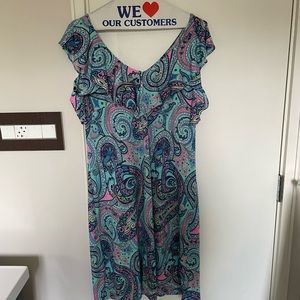 Pink, blue and black paisley dress with fluttery cap sleeves.